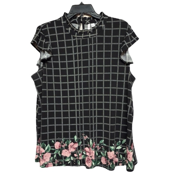 Elle Pink and Black Boxy Blouse with Ruffled Cap Sleeves - Picture 1 of 4